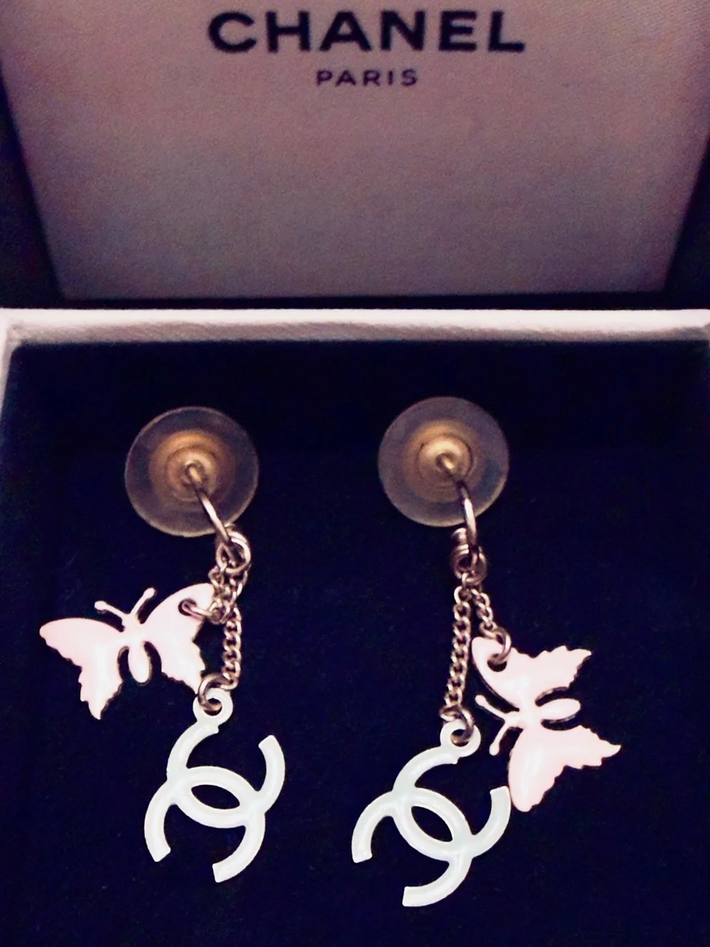Chanel Pink/ Yellow Enamel Butterfly CC Logo Drop Earrings- 2006